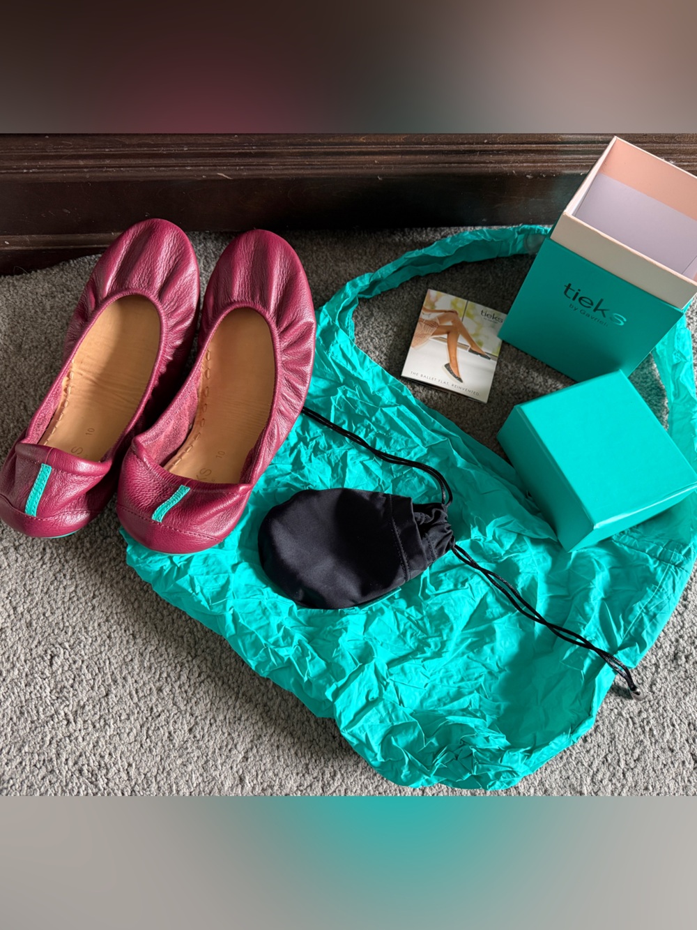TIEKS BY Gavrieli Wine Burgundy Leather Ballet Flats with Teal Accents